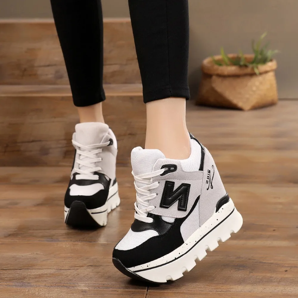 2019 Woman Platform Shoes Hidden Heel Height Increasing Mesh Casual Wedges Shoes Female Chaussure Femme 11cm Heels Sneakers