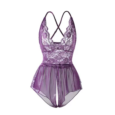 Plus Size Women Erotic Sexy Lingerie Lace Babydoll Porno Underwear One Piece Floral Dress Transparent Body Suit Sexy Costumes - Цвет: Purple