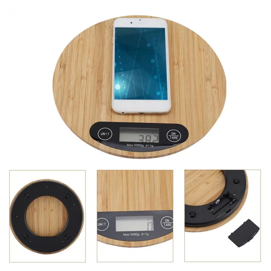Светодиодный мини-электронные кухонные весы для приготовления пищи, измерительные инструменты, цифровые круглые бамбуковые кухонные весы 5000 г/1 г