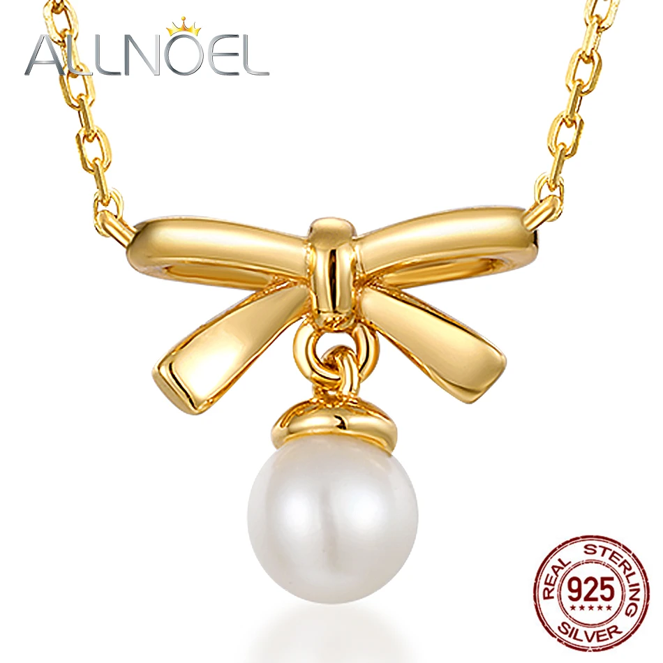 

ALLNOEL Natural Pearl Necklace Romantic 925 Sterling Silver Ribbon Knot Bow Necklaces Link Chain For Women Fine Jewelry Present