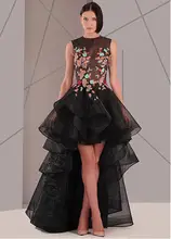Sexy Sheer Top Abendkleider Schwarz Organza Kurze Vordere Lange Zurück Appliques Formale Party Kleid Rüscherands Great Gatsby Kleid