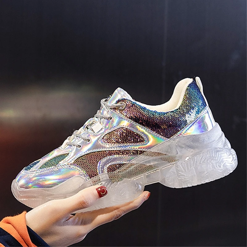 

Transparent Sole Women's Platform Designer Sneakers Casual Gold Silver Sequin Sneaker Laser Walking Shoes Female Daddy Shoes