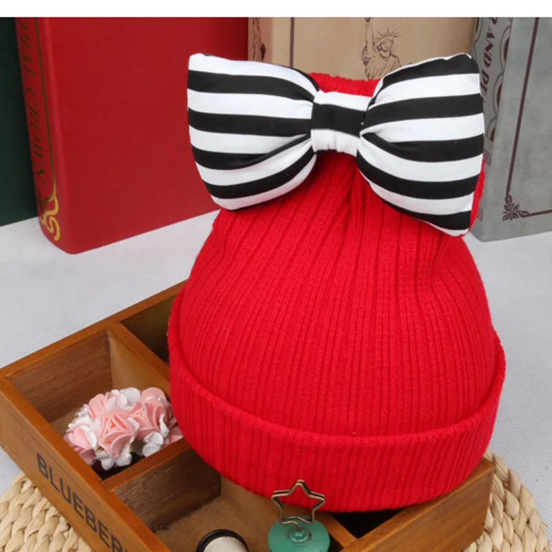 DreamShining Baby Hat Cute Striped Bow Kids Woolen Children Winter Warm Crochet Knitted Cap Girls Photography Headwear Caps | Детская
