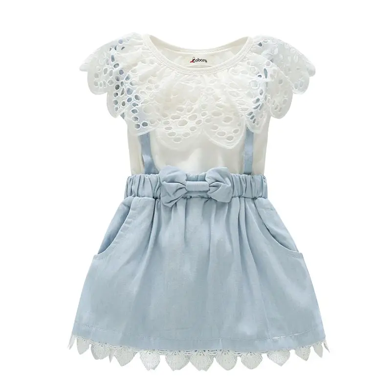 

WEIXINBUY Baby Girl Clothing Set Summer Ruffles Suspender Mini Dress White Top and Patchwork Denim Baby Girls Clothing