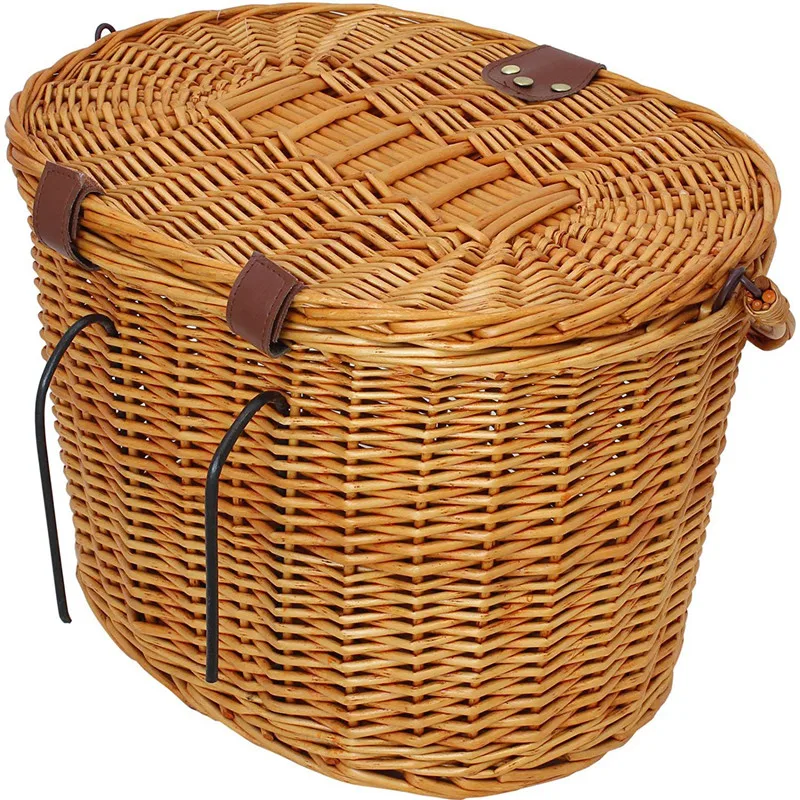 Discount UpperX Vintage Wicker Bicycle Basket with Folding Lid & Leather Straps Handle Linen Outdoor Picnic Cycling Accessories 4