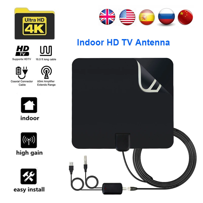 

Digital TV Antenna High Gain HD TV For DVB-T2 Box 4K 80 Miles With Booster Active Indoor Aerial 1080P Flat Design Spain Russian