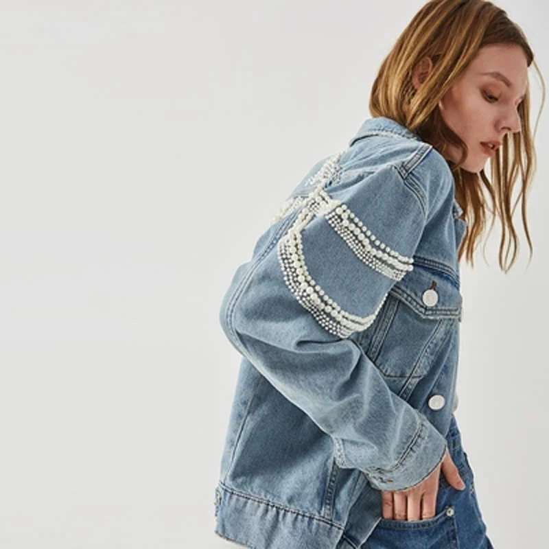 Street Cotton Nailed Pearl Jeans Jacket Loose Leisure Pearl Embroidered Coat Long Sleeve Short women Tops Trend Fashionable New 