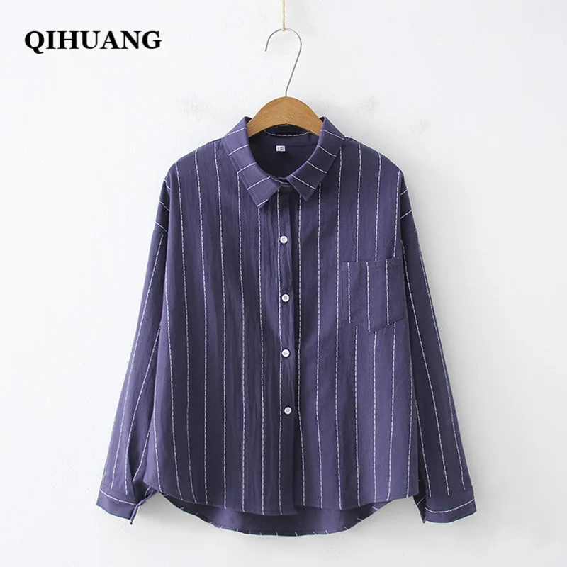 

QIHUANG 2019 Fashion Women Blouse Cotton Long Sleeve Striped Printed Loose Shirt Women Tops Casual Women Shirts With Pocket