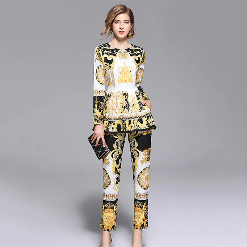 

Fashion Runway Designer Suit Set Women's Long Sleeve Retro Pattern Print Pleated Hem Split Pullover Top Pants Set 2 Piece Sets