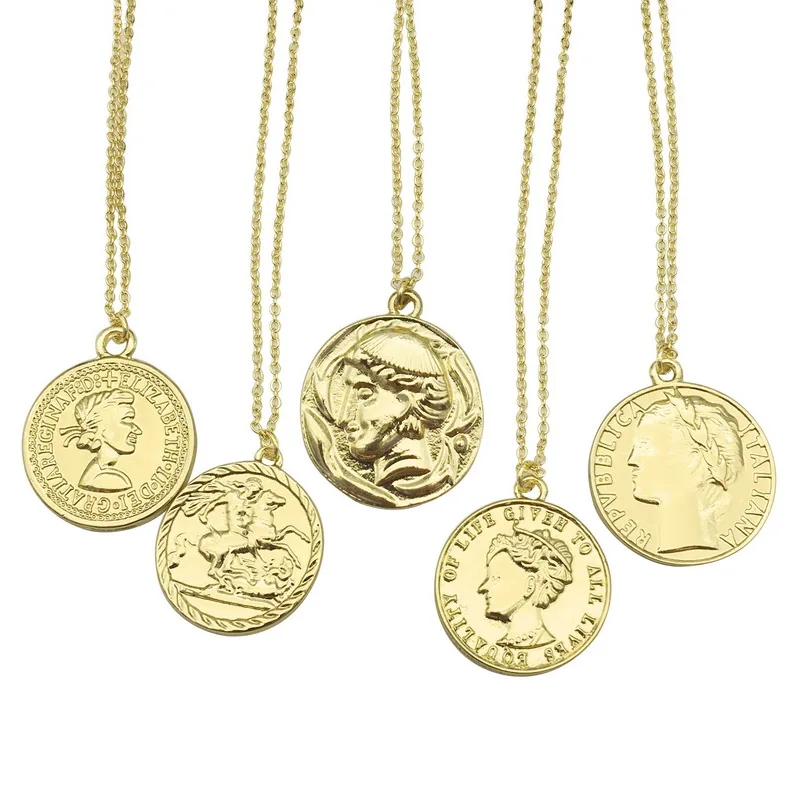 

F.J4Z New Women Ancient Rome 25mm Coins Necklace Fashion Vintage Cippus Gold Tone Alloy Round Tag Short Necklace Jewelry Gifts