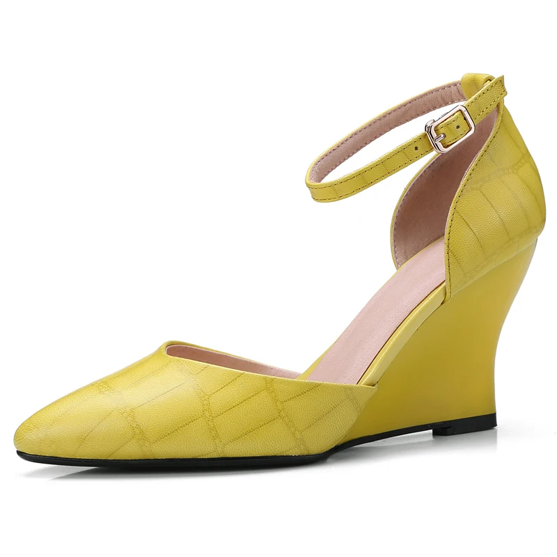 

Women's Genuine Leather Yellow Wedges Plus Size Summer Sandals 8 CM High Heels Sexy Buckle Dress Shoes Box Packing 8103