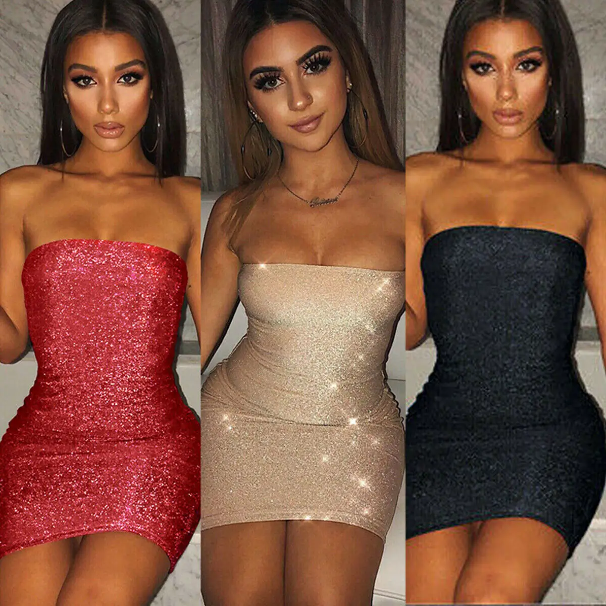 

Fashion Women Dresses Sleeveless Slash Neck Sequin Bodycon Evening Party Club Dress Solid Sexy