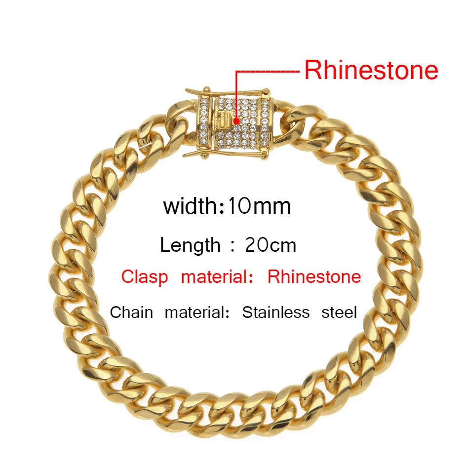 UWIN 10 мм мужской кубинский браслет со звеньями, стразы, застежка, золото, серебро, нержавеющая сталь, браслет-цепочка 21 см - Окраска металла: Rhinestone gold