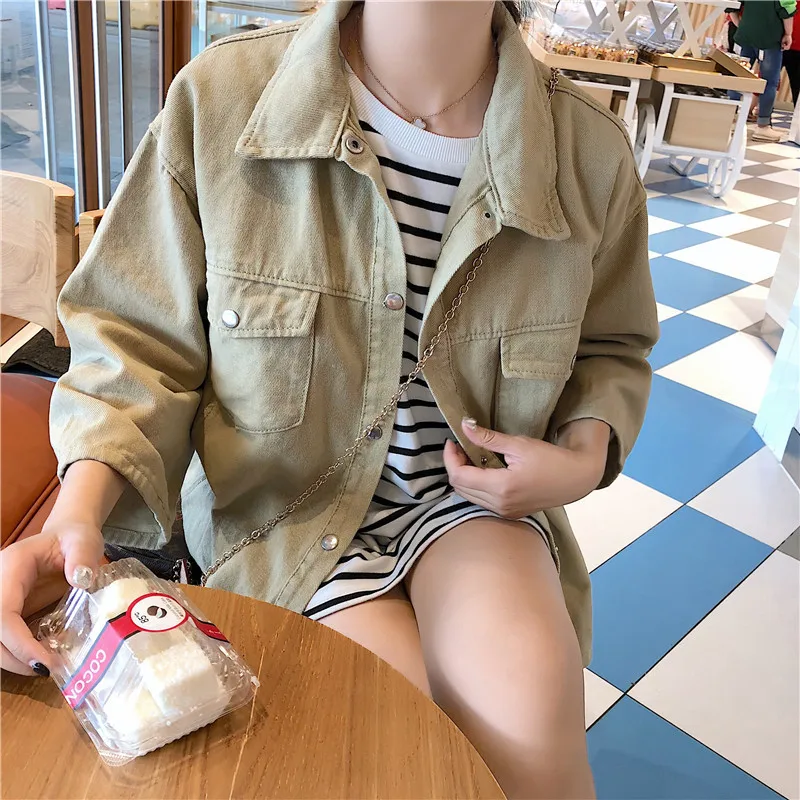 

Solid Turn-down Collar Loose Casual Short Denim Jacket Woman Basic Outerwear Coat Top Base Blue Fashionable Denim Feminine MP168