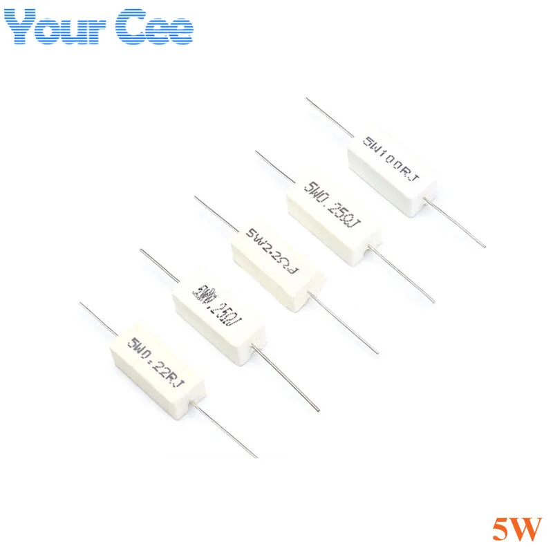

10pcs Ceramic Resistor Cement 5W 0.22 ~ 1k ohm 5% 0.22R 0.25R 0.5R 1R 2.2R 5R 10R 15R 20R 100R 1K Wirewound Resistance DIY