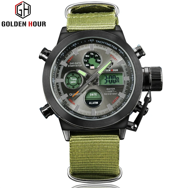 

GOLDEN HOUR Top Brand Luxury Sport Miliatary LED Digital Mens Watches Army Green Nylon Strap Quartz Watch Men Relogios Masculino