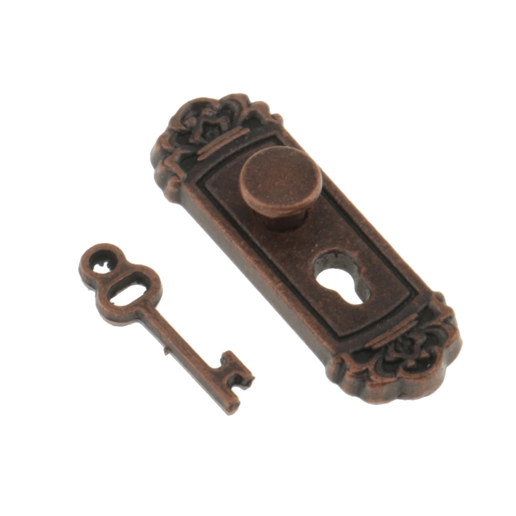1:12 Scale Metal Door Handle Knob Plate & Key Set Doll House Miniature 4pcs