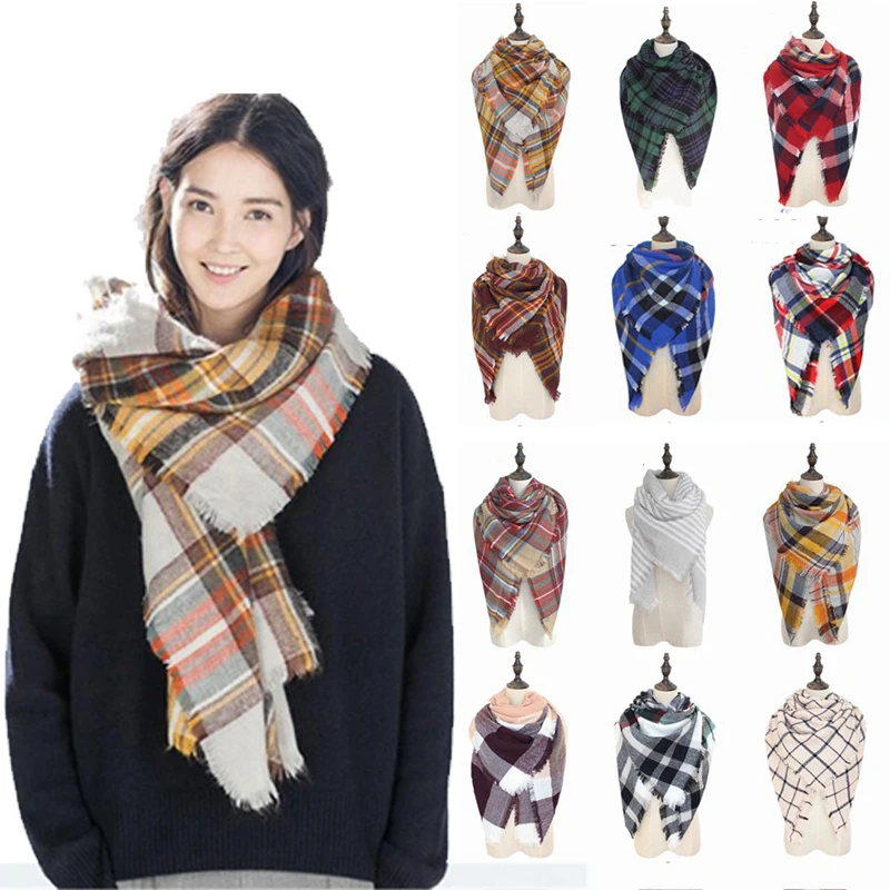 Новинка, дизайнерский женский вязанный шарф, зимние клетчатые шарфы, треугольное одеяло, шарф унисекс, полосатые шали, 140*140