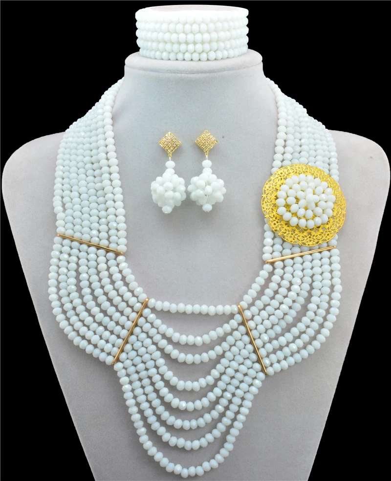 

Fashion nigerian wedding african beads jewelry set white crystal necklace button stud earrings nigerian beads jewelry sets