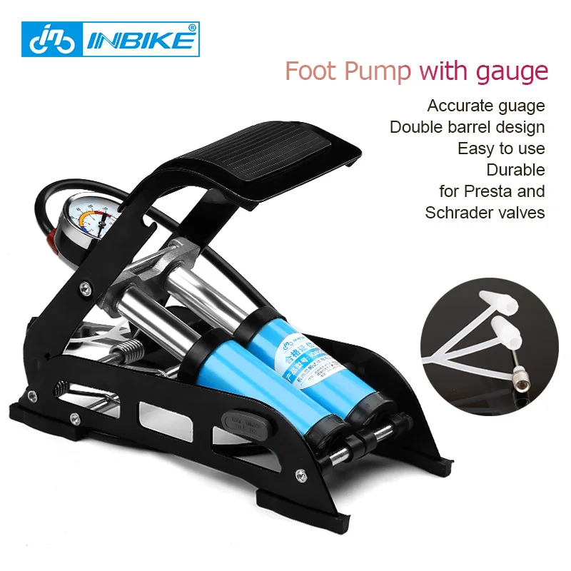 

INBIKE Foot Pump with Gauge Bike Bicycle Pump MTB/Motorcycle/Car Schrader& Presta High Pressure Inflator Double Barrel IQ835