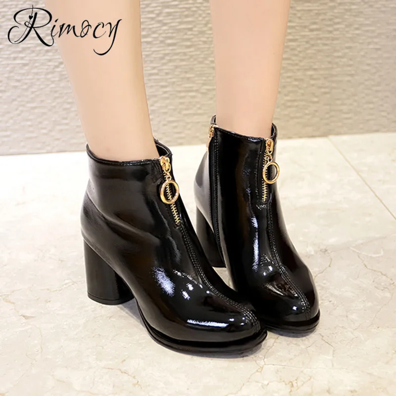 patent zip front ankle boots