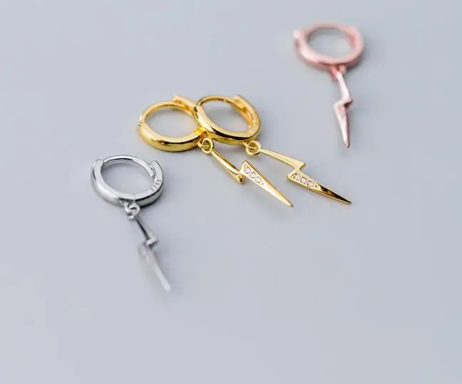 

1pair Real. 925 Sterling Silver Fine jewelry white/gold lightning Wave cz set hoop huggie earrings GTLE2710