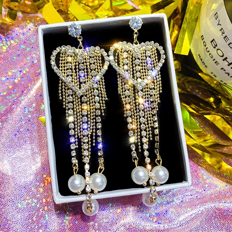 FYUAN Luxury Long Tassel Rhinestone Earrings for Women 2019 Bijoux Gold Heart Crystal Pearl Drop Earring Wedding Party Jewelry