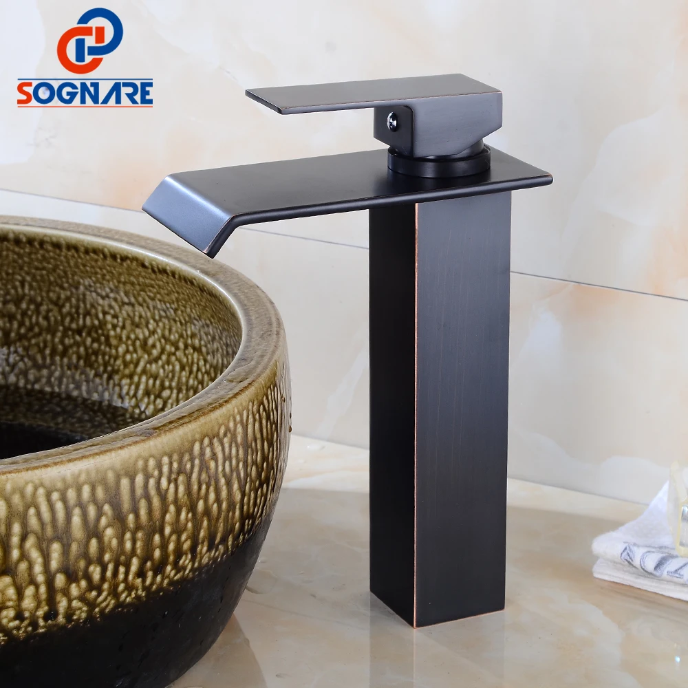 

SOGNARE Waterfall Bathroom Basin Faucet Deck Mounted Basin Mixer Faucet Oil Rubbed Bronze Sink Tap Vanity Hot Cold Water Faucet