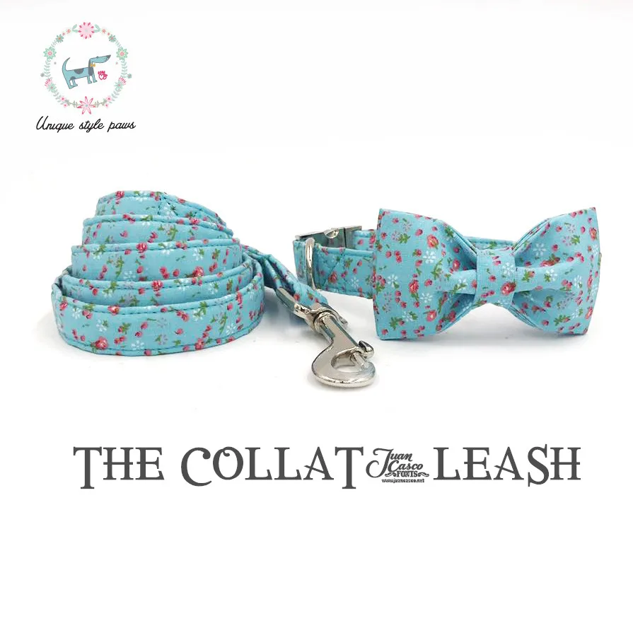 

Blue Floral Dog Collar and Led Set with Bow Tie Cotton Handmade pet Supply Pet accessories and Dog Leash Dog Accessories