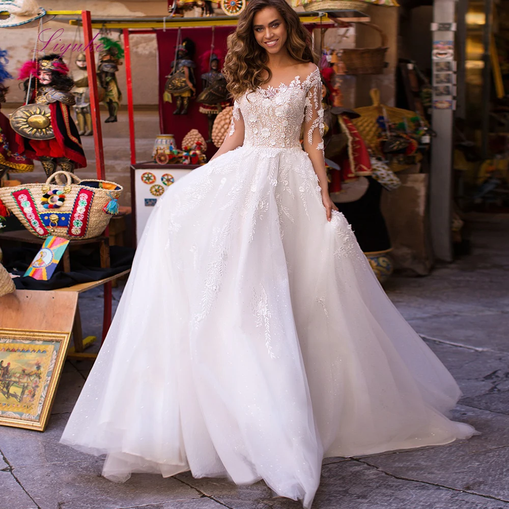 

Liyuke 2019 Married Wedding Dress A-line Leaves Lace Appliques Half Sleeves Boat Neck Sequins Tulle Customized