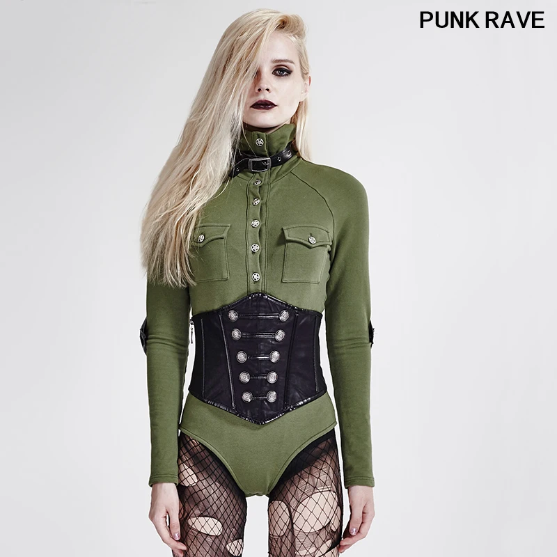 

Punk Sexy Uniform Style Party Coslay Women T-shirt fashion Army Green High Collar Long Sleeve Women Tee Tops PUNK RAVE T-434