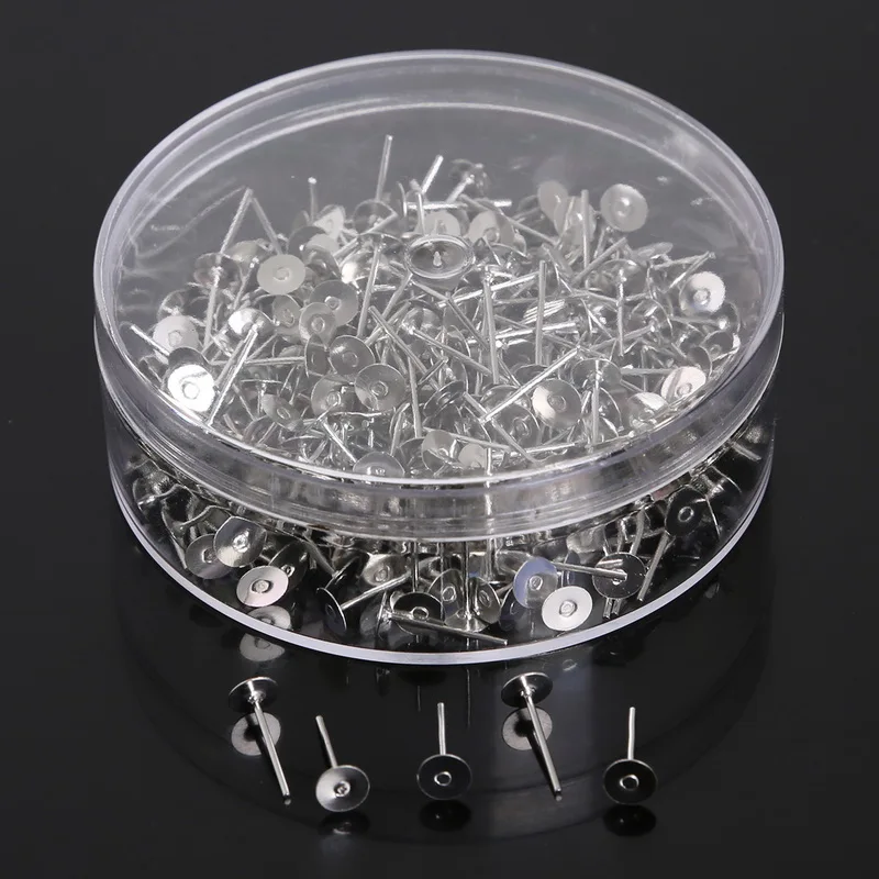 

13x5mm/400PCS Jewelry Rhodium Metal Earring Posts Studs Findings Ear Nail Pins Diy Flat Base Pad Scroll Setting (Contain Box)