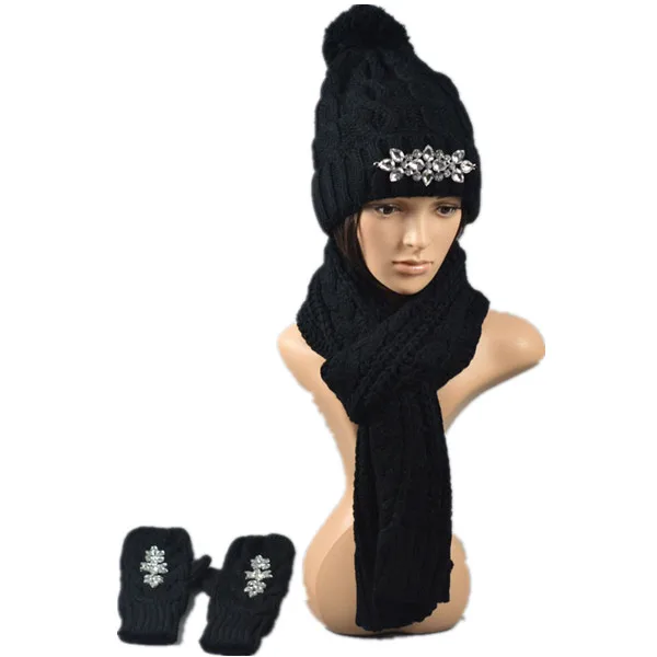Роскошные толстые вязаные перчатки со стразами, шапка и шарф для женщин, зимний теплый комплект, женские перчатки, женские шарфы, вязаные варежки, шапка, набор - Цвет: hat scarf gloves set