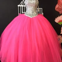 Бальное платье Милая ярко-розовое длинное вечернее платье Пышное Платье с украшением в виде кристаллов ручной работы высококачественный для Бала выпускников платья сладкий 16 платья для женщин