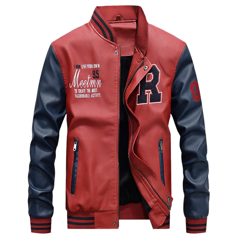 

Men's 2019 Spring PU Synthetic Leather Baseball Jacket Long Sleeve Warm Running Fitness Jacket Sports Clothing Running Jacket
