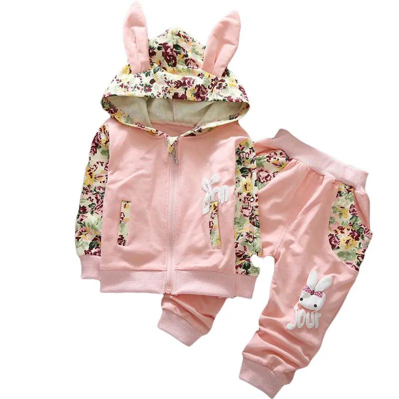 Осенние комплекты одежды для маленьких девочек с рисунком Минни и Микки; Детские футболки и штаны; куртка с капюшоном; спортивные комплекты; одежда для малышей - Цвет: FS129-Pink