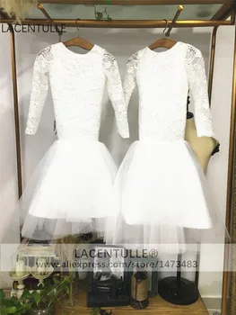 

Long Sleeves Tulle Lace Mermaid Flower Girl Dress with Open V Back