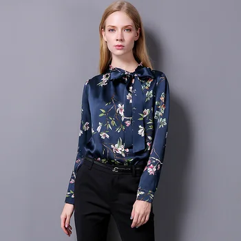 

Natural Silk Spring Shirt Pure Silk Fabric Eco-friendly Printing New Trend Flower Pattern Long Sleeve Blouse Femme Top Quality