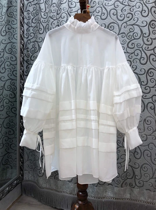 

Summer 2019 New Women's Pressed Collar Cuff Lace Knotted Pure Loose Dress 613