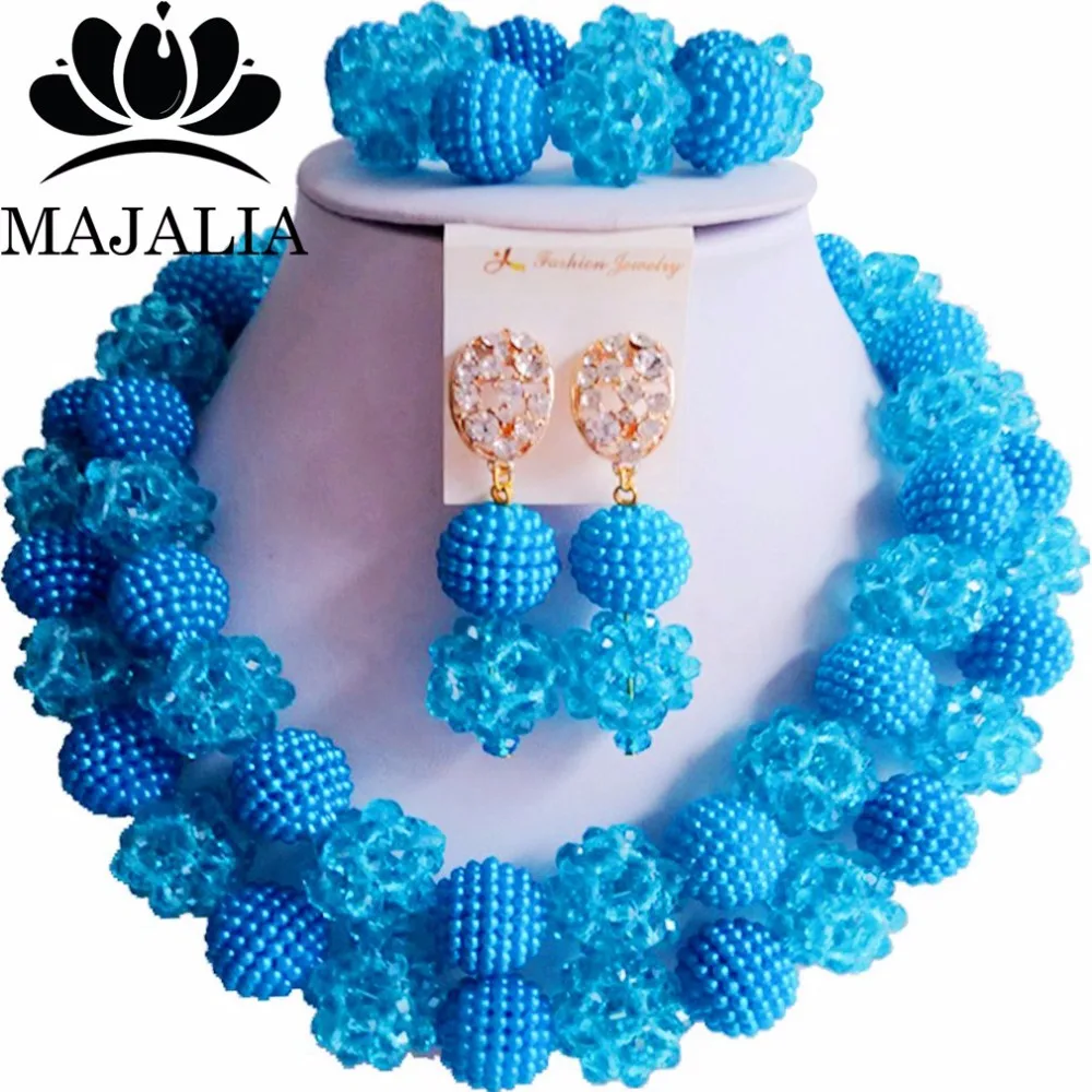 Majalia Fashion Nigeria Wedding african beads jewelry set Lake blue necklace bracelet Bridal Jewelry set  CX-069