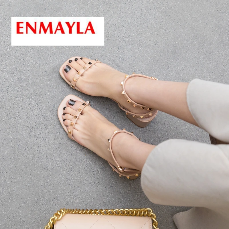 

ENMAYLA 2019 Microfiber Basic Casual Women Fashion Med High Sandals Rivet Solid Summer Women Shoes Size 34-39 LY2052