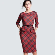 Spring Autumn Women Elegant Red Tartan Plaid Ruffle Ruched Office Work Business Casual Party Pencil Sheath
