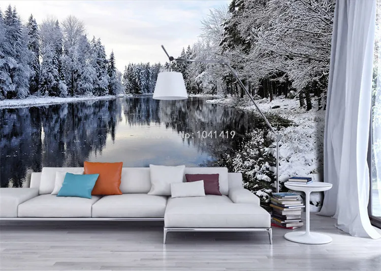 Фото обои 3D Снежный пейзаж озеро Природа пейзажи Настенные обои Гостиная Спальня задний план настенные покрытия домашний Декор 3D