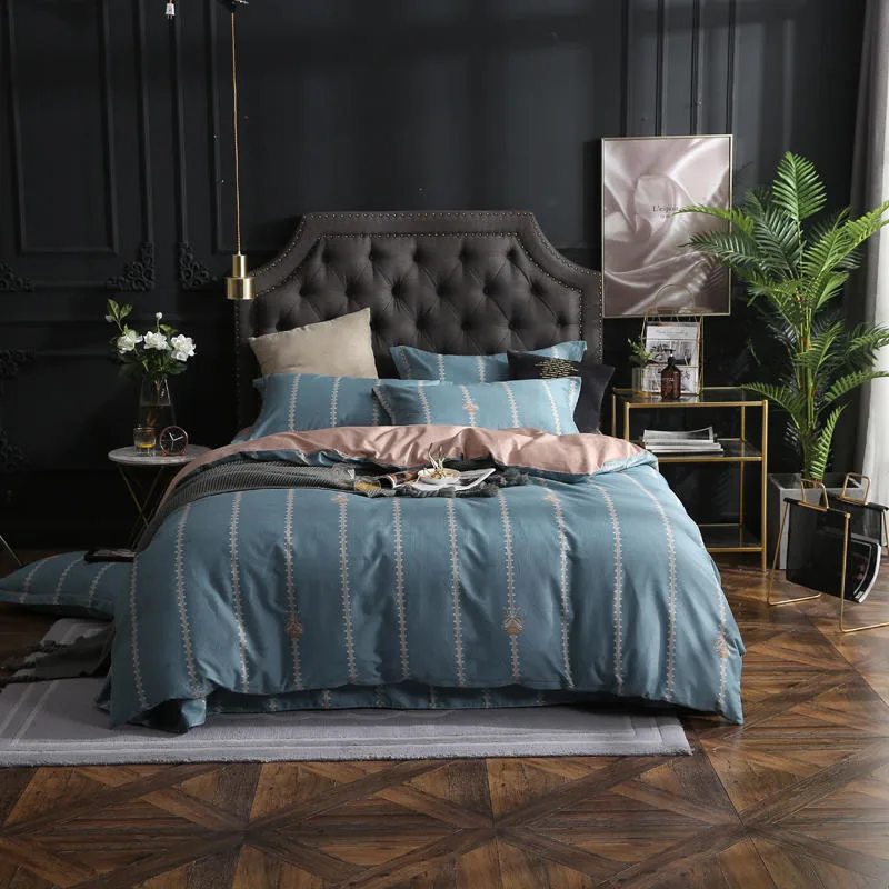 

New Egyptian cotton Bedding Set 4pcs Duvet Cover Sets stripe Bed Linen Flat Bed Sheet Set Pillowcase Home Textile Drop Ship