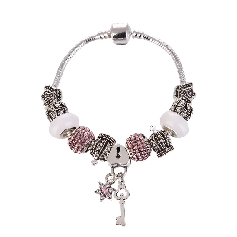 

High Quality Noble Cute Silver plated Pink Key Pendant Charms Bracelet Pandora Bracelet For Women gift jewelry Drop Shipping