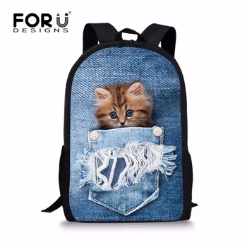 

FORUDESIGNS Adorable Blue Denim Cat Backpack for Teen Girls Pretty Children Kids School Bagpack Printing Animal Bookbag Mochila