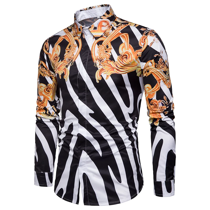 Luxury Floral Print Men Shirt Slim Fit Camisa Masculina 2018 Brand Striped Design Men's Long Sleeve Dress Shirt Chemise Homme