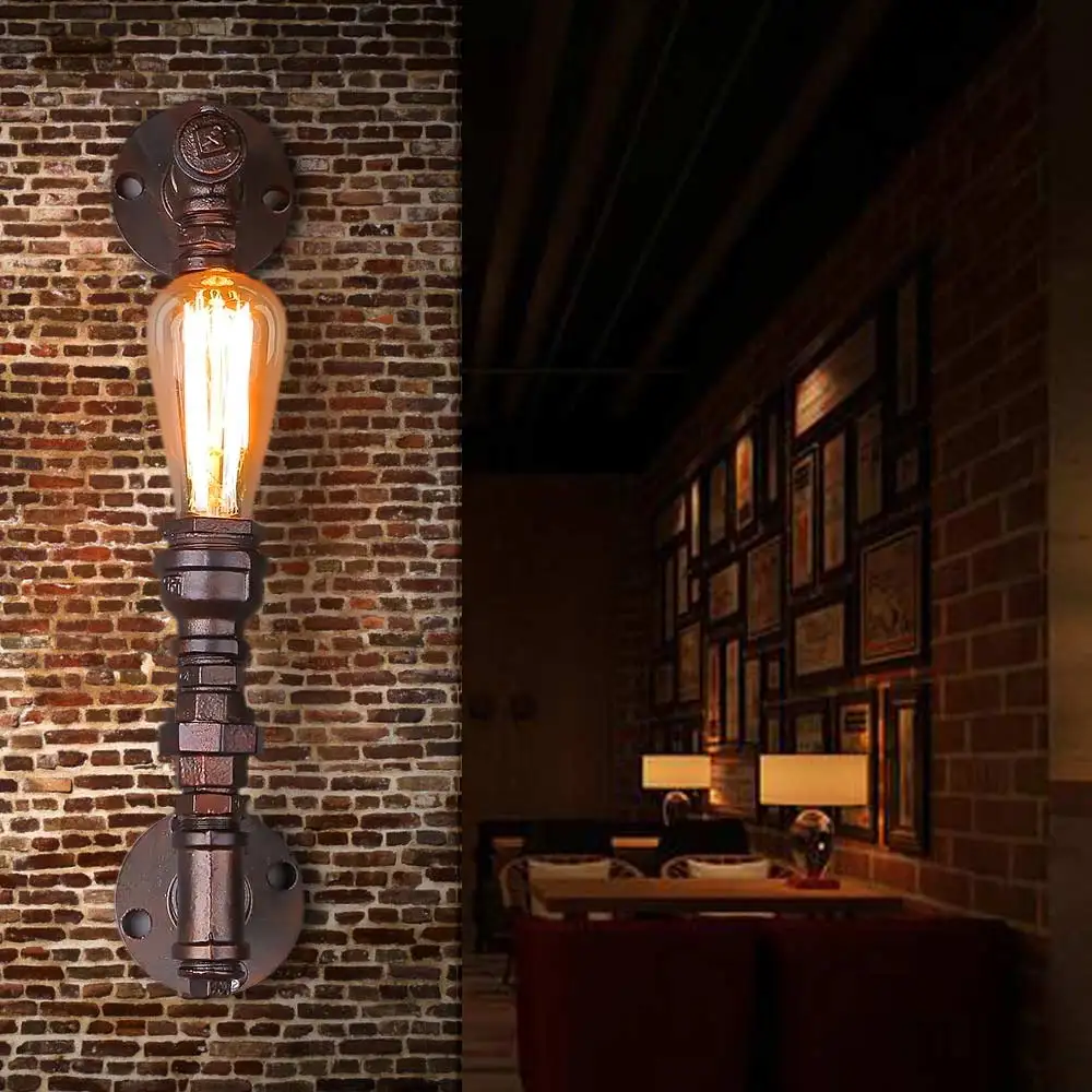 

Home Decoration Lighting Industrial Water Pipe Rust Color Iron Finished E27 Edison Retro Wall Lamp