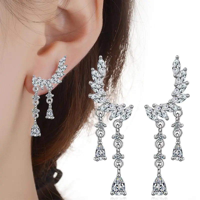 

ZFVB Trendy Women Flower Long Earrings Jewelry 925 Standard Silver Statement Drop CZ zircon Earring Wedding Party Bijoux