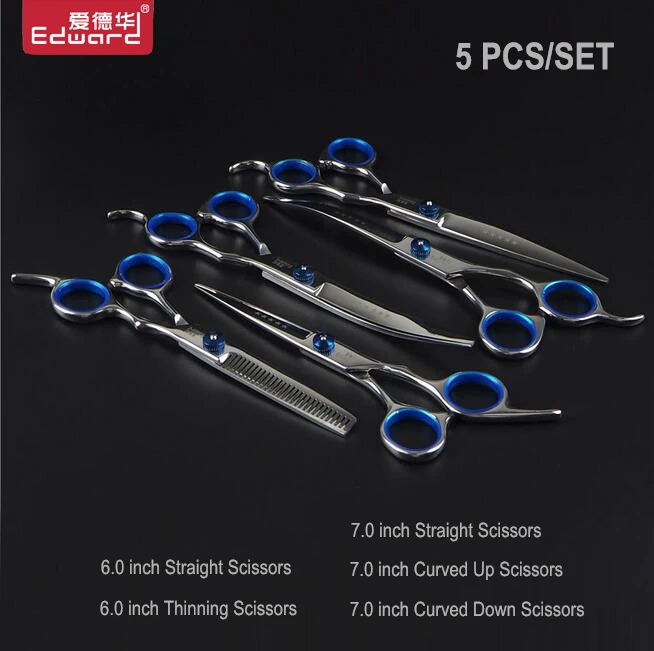 

Professional Pet Grooming Scissors Set Japan 440C Straight Thinning Curved Shears Dog Cat Hair Cutting Scissors for Groomer 5pcs